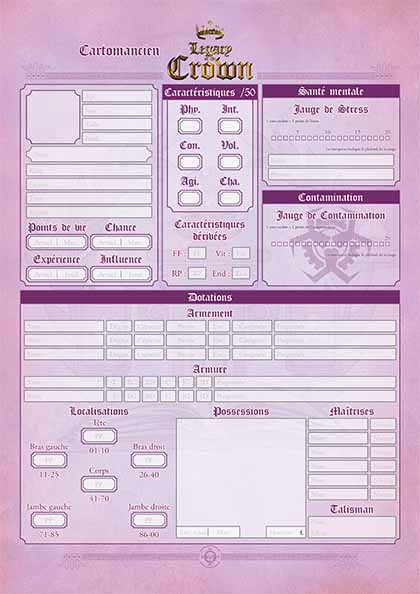 Recto de la feuille de personnage des Cartomanciens