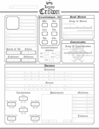 Recto de la feuille de personnage g&eacute;n&eacute;rique noire et blanche