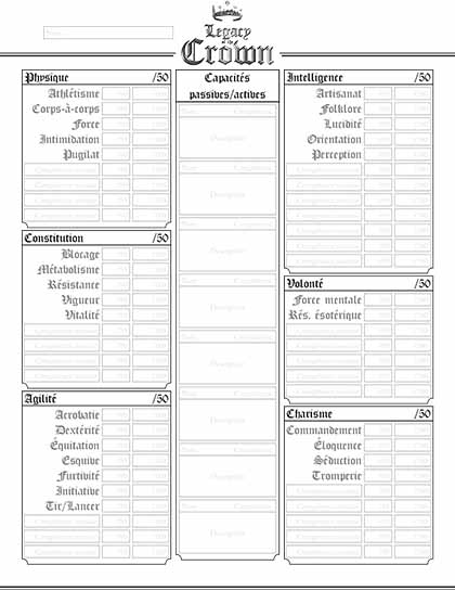 Verso de la feuille de personnage g&eacute;n&eacute;rique noire et blanche