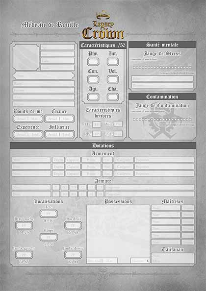 Recto de la feuille de personnage des M&eacute;decins de Rouille