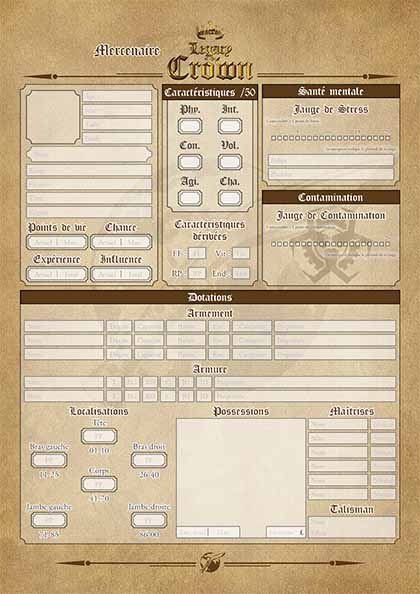 Recto de la feuille de personnage des Cartomanciens