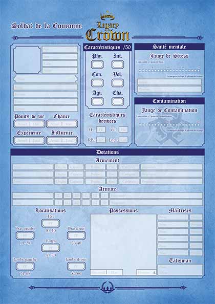 Recto de la feuille de personnage des Soldats de la Couronne